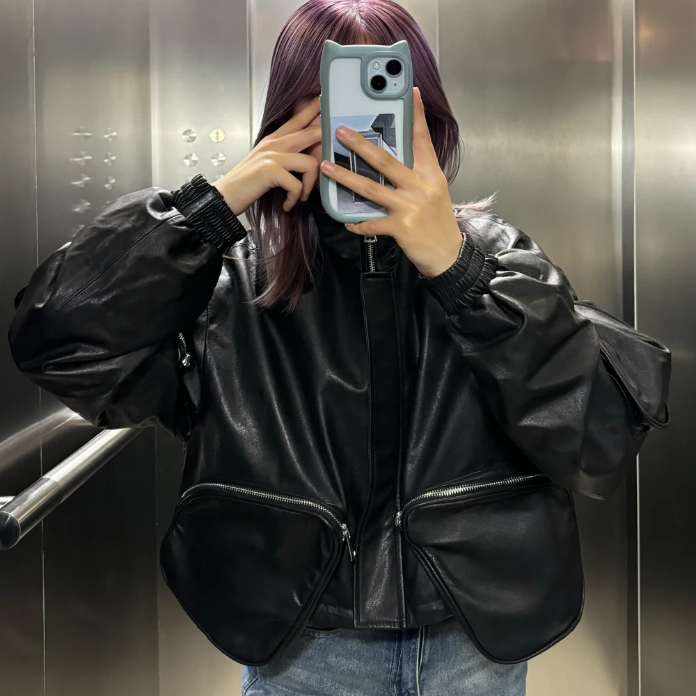 Женская укороченная куртка-пуховик из натуральной кожи черная дубленка большого