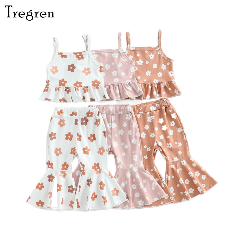 

Комплект одежды для девочек Tregren из двух предметов, жилет без рукавов с оборками, топ с цветочным принтом, расклешенные брюки, летняя модная одежда