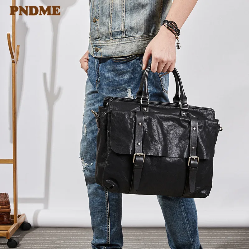 PNDME fashion casual genuine leather men's briefcase luxury designer natural real cowhide handbag black laptop messenger bag