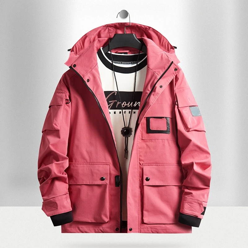 

Мужской комбинезон, куртка на осень и зиму, модное мешковатое пальто с карманами, мужская куртка на молнии с длинным рукавом и отложным воро...