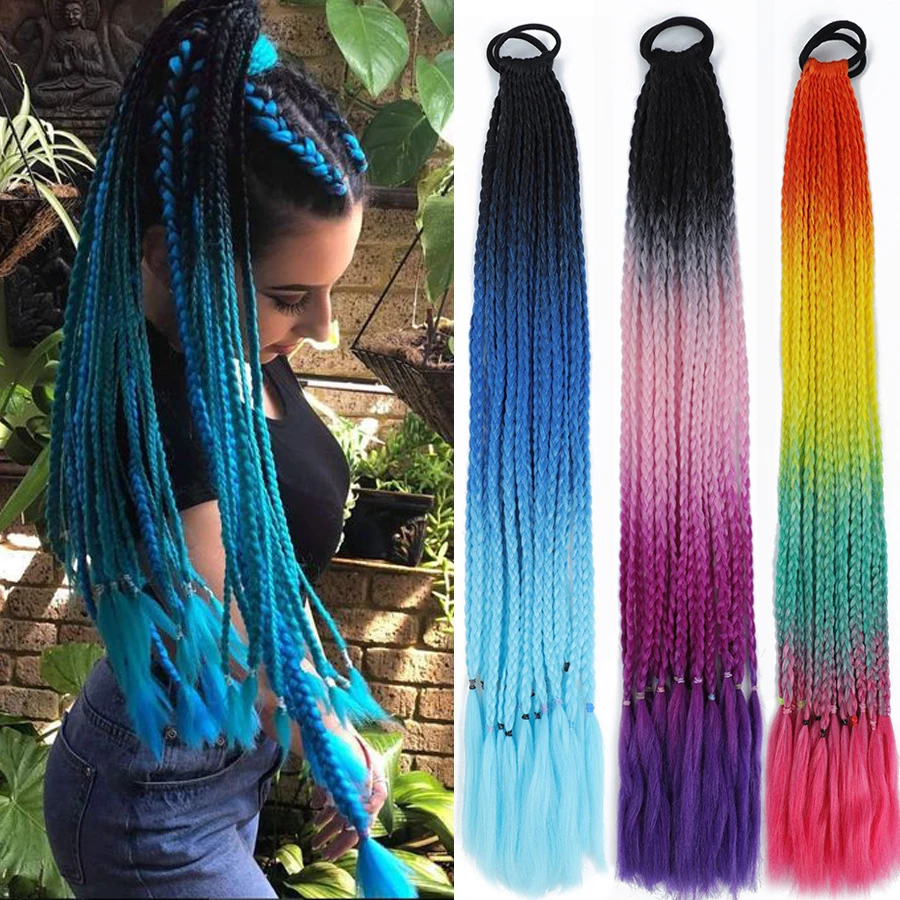 

Party Festival Braids Hairpiece False Braid Box Braided Ponytail Synthetic Hair Extensions Colorful Pigtail Braiding Pink Blue