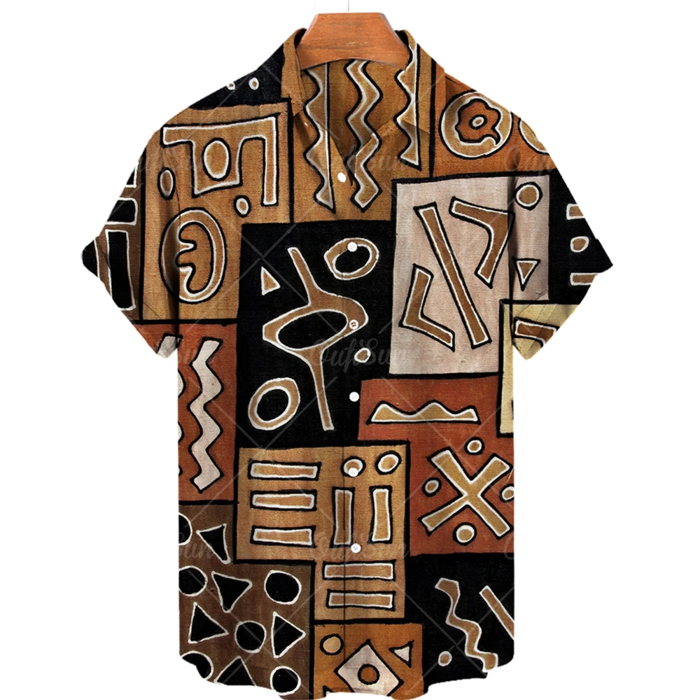 2022 Men's Hawaiian Shirt Ethnic Pattern Patchwork Top Casual One Button Short Sleeve Versatile Printed Large Size Shirt