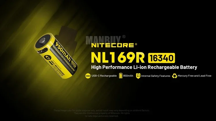 Скидка NITECORE NL169R 950 мАч 3 6 В 42 Втч 16340 USB-C Порт зарядки Литий-ионная аккумуляторная