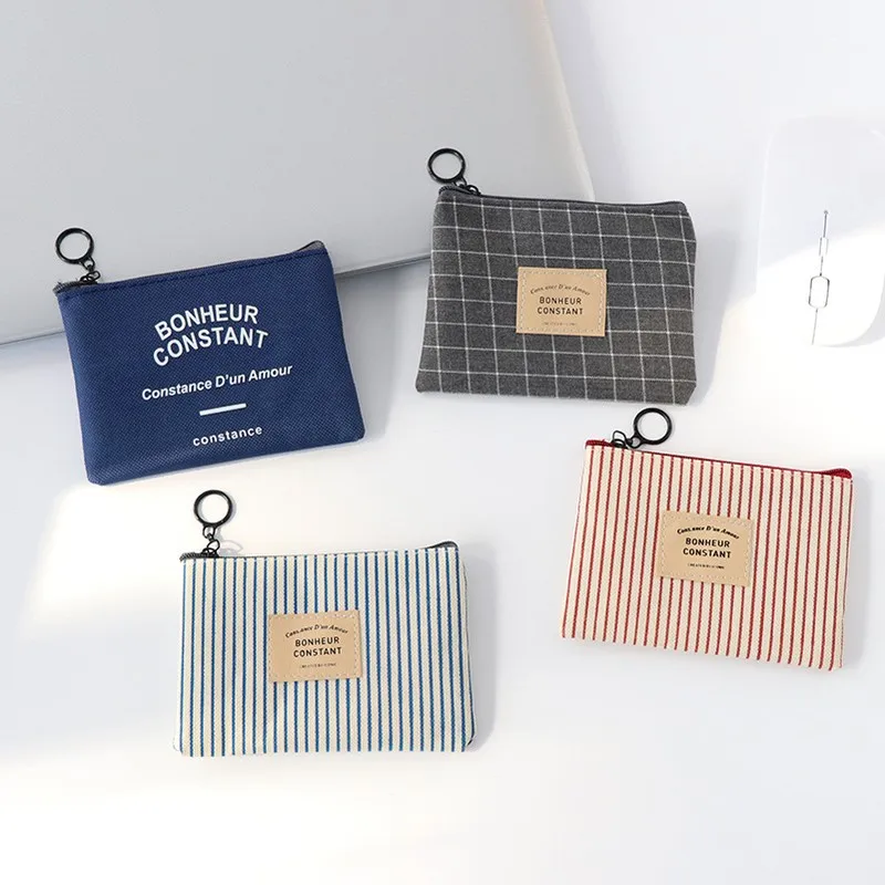 

1pc Unisex Canvas Coin Bag Purse Women Stripe Coin Money Card Holder Wallet Case Zipper Key Storage Pouch For Kid Girl Gift