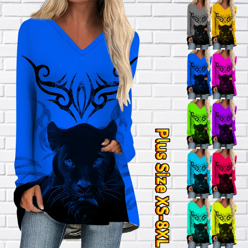 

2022 New Autumn Women's Fashion Tops V-Neck T-shirt Winter Daily Fashion Loose Long Sleeve Animal Printing Trend Loose Pullover