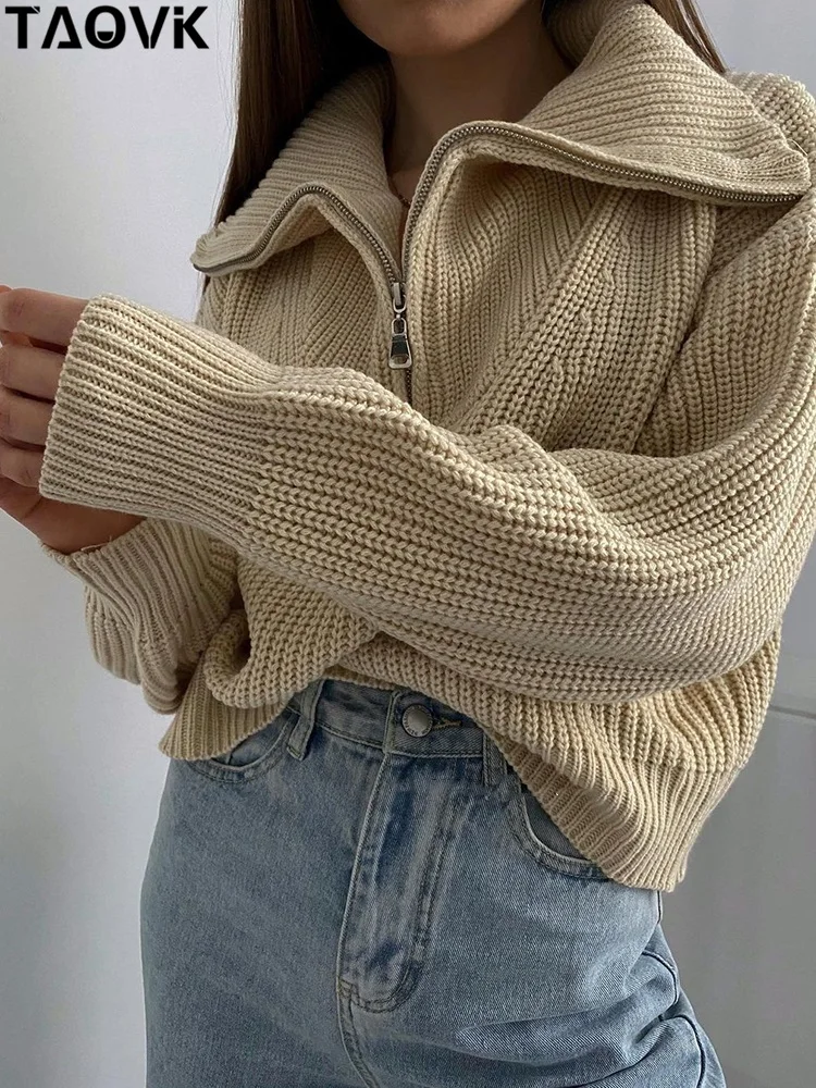 

TAOVK Women's Knitwear Knitted Long Sleeve Solid Color Pullover Half Zipper Lapel Fashion Loose Sweater Jumper Streetwear