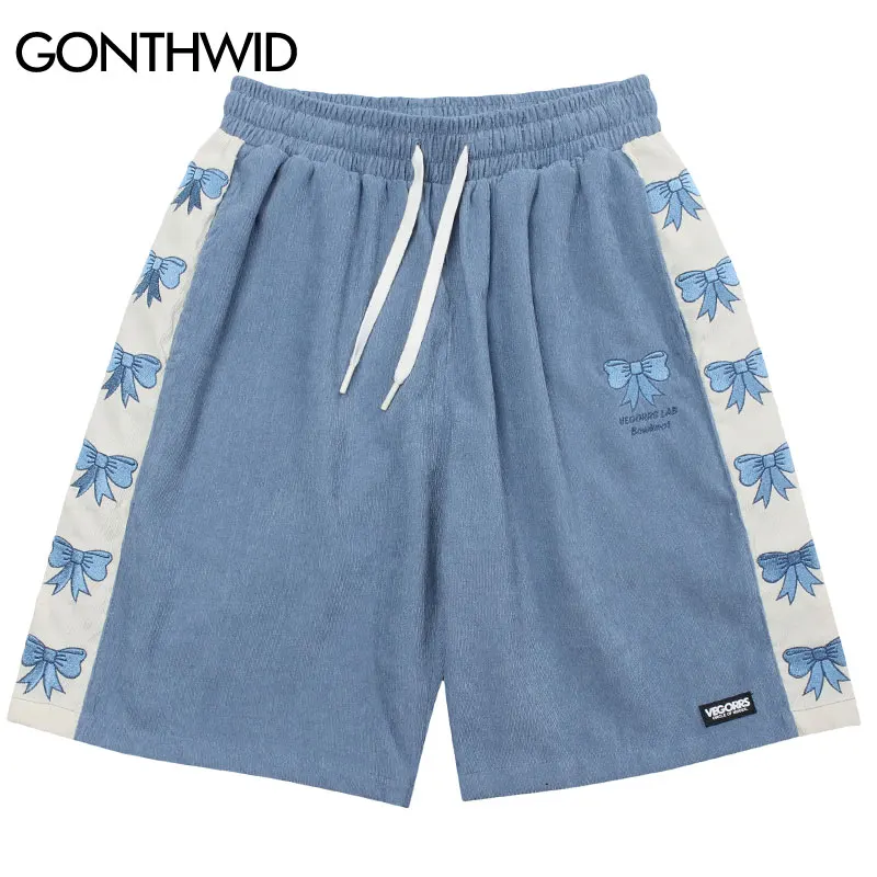 Hip Hop Corduroy Shorts Streetwear Embroidery Bowknot Color Block Patchwork Baggy Shorts 2022 Mens Harajuku Short Pants Trousers