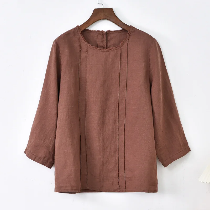 

Vintage Ramie Blouse Women Loose Three Quarter Sleeve Tops Summer