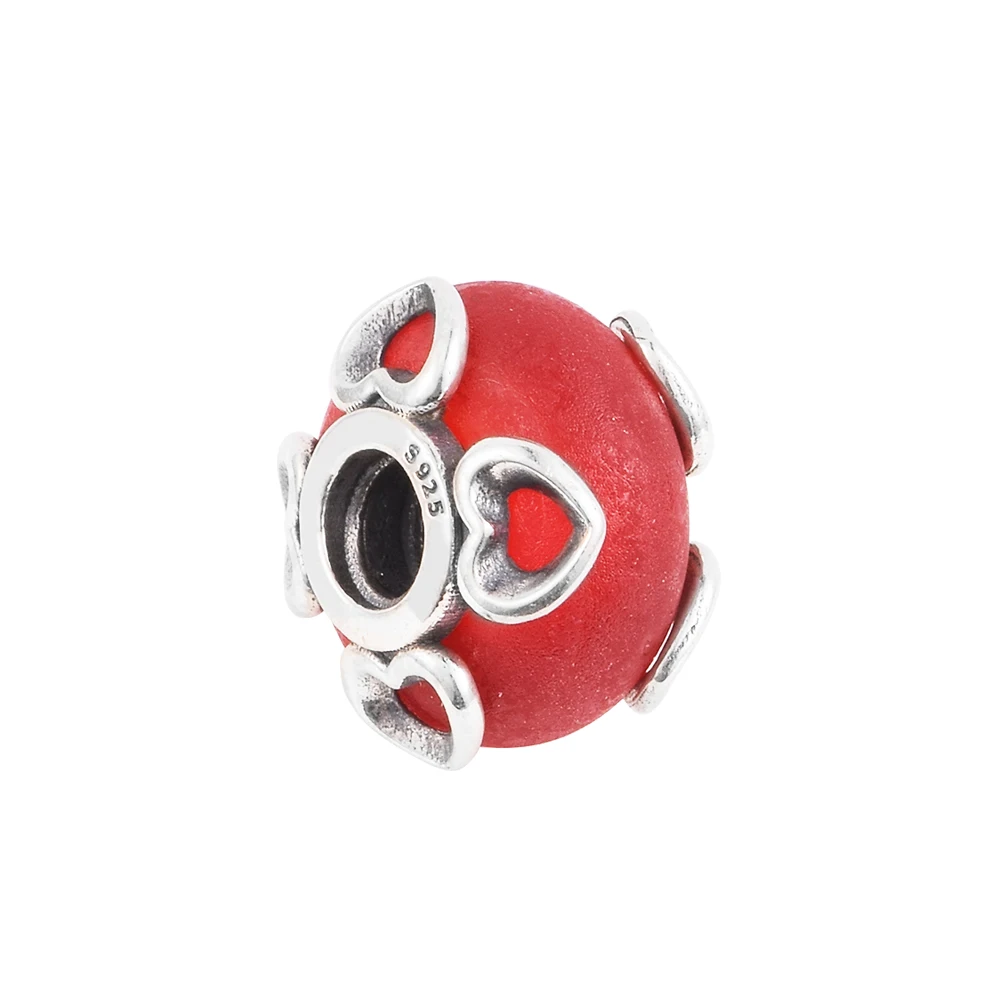 

Fits Pandora Bracelets Frosted Red Murano Glass & Hearts Charm Original 925 Sterling Silver Beads for Jewelry Women DIY Plata
