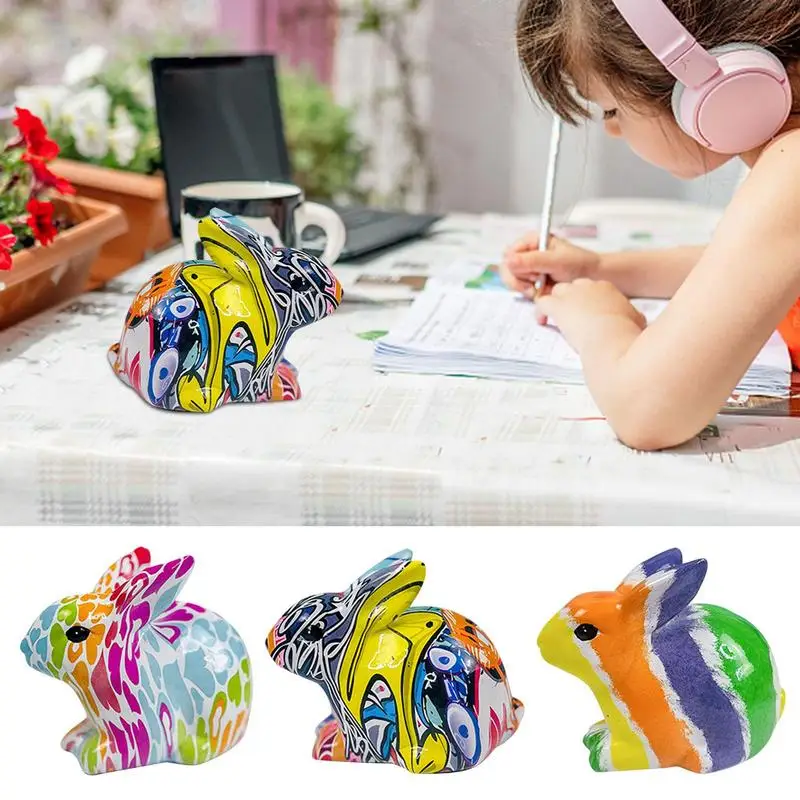 

Graffiti Rabbit Statue For Home Cabinet Fireplace Decor Bunny Figurine Animal Sculpture Room Office Table Resin Ornaments Gifts