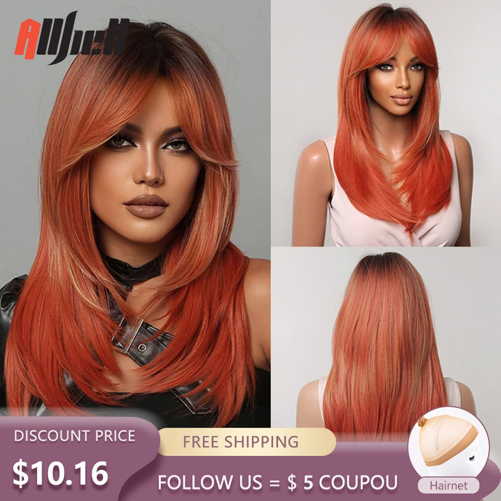 Orange Straight Synthetic Wigs Long Highlight Hair Wigs with Bangs for Black Women Cosplay Medium Wig Heat Resistant Daily Use