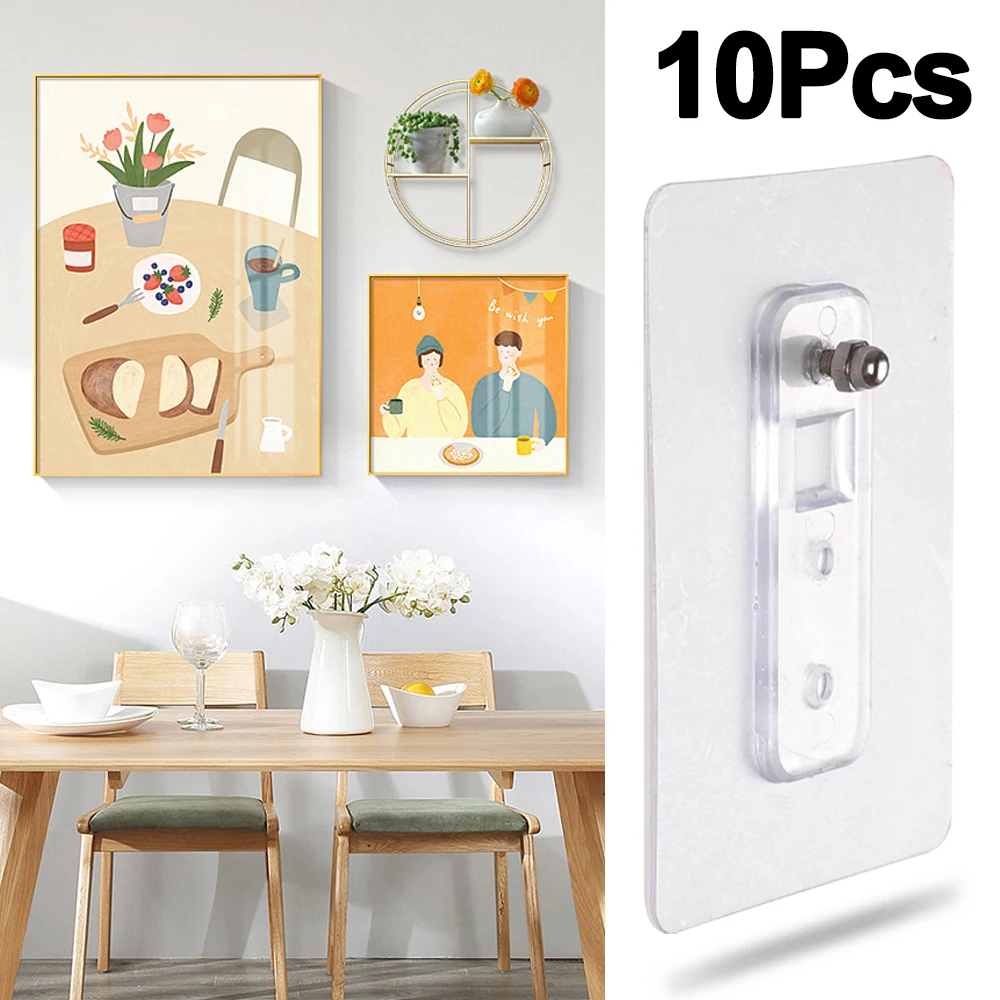 

10Pcs Self Adhesive Strong Wall Hooks Household Transparent Frame Clock Hanger Plastic No-Punching Screw Hook Bathroom Organizer