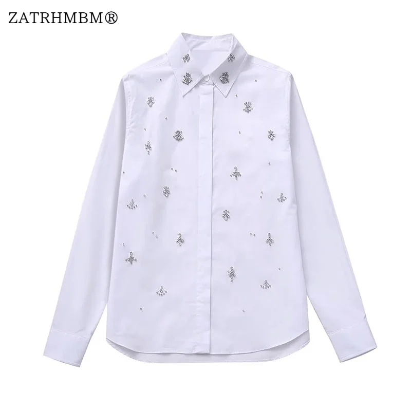 

ZATRHMBM Женская коллекция осень 2023, модная блузка из поплина с искусственными драгоценными камнями, Винтажные белые женские рубашки с длинным рукавом, блузы, шикарные топы