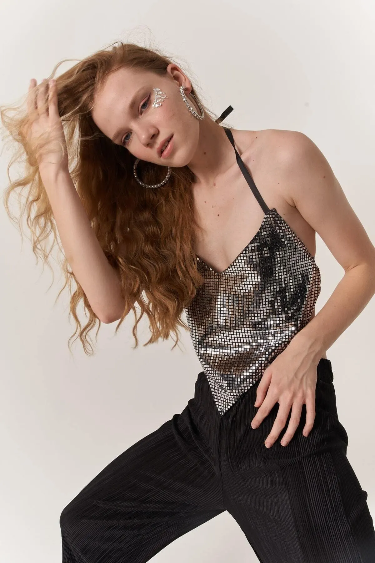 

Women's Summer Crop Top Blouse Silver Strap Tie Glammy Triangle Crop Top Vest Blouse