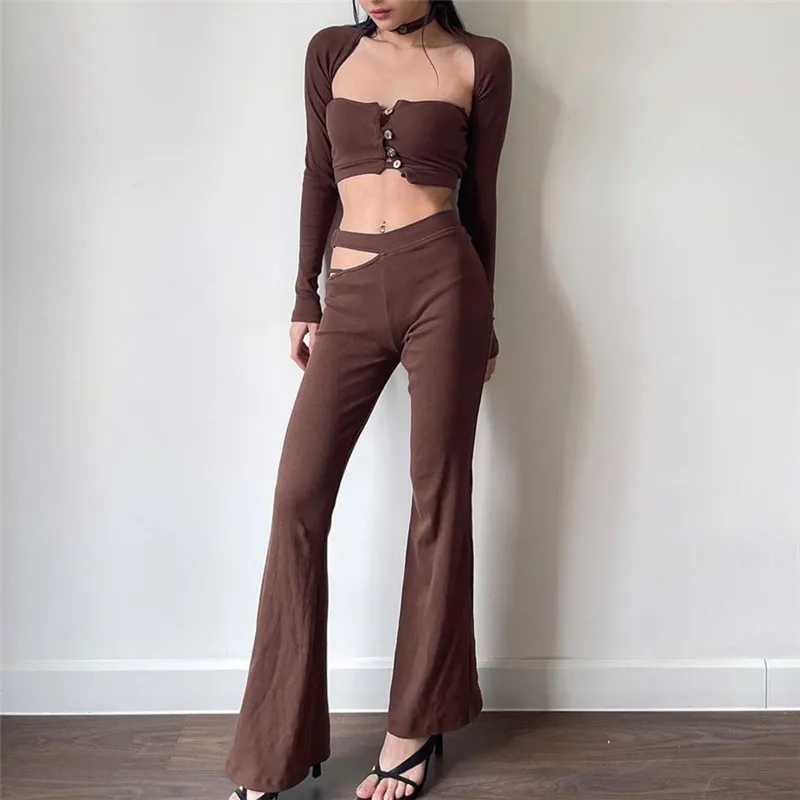 

Women Pants Sets Two Pieces Sexy Full Sleeve Single Breasted Cardigan Cropped Tops With Hollow out Flare Pants Clothes Sets 2pcs