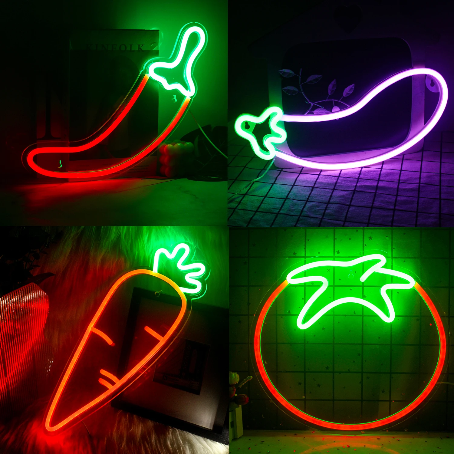 Neon Sign LED Light Chili Tomato Eggplant Carrot Acrylic Wall Bar Party Office Room Bedroom Kitchen Beautiful Decorate