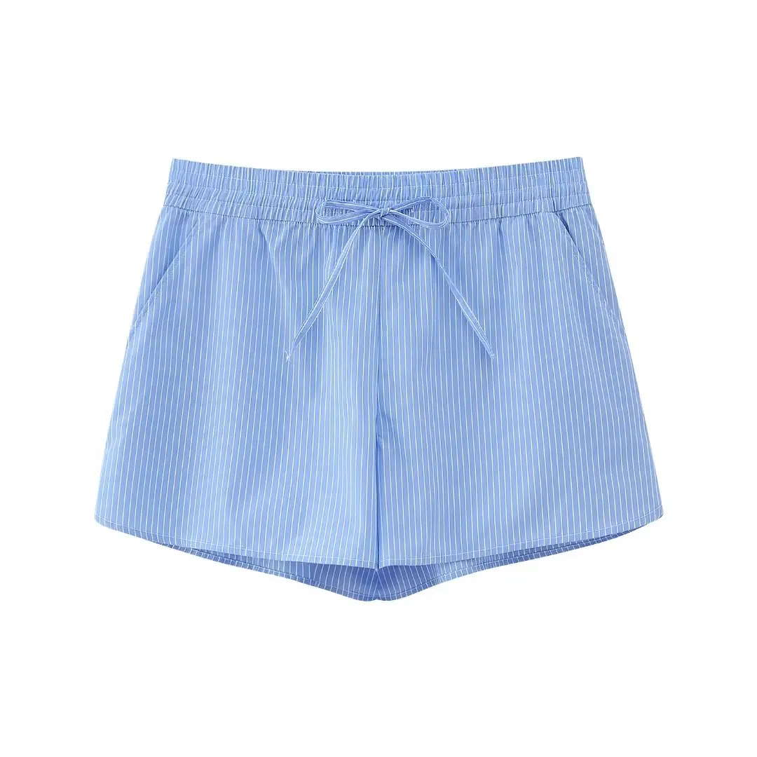 

Women Fashion Stripe Poplin Shorts High Waist Elastic Lace Up Slim Fit Female Shorts