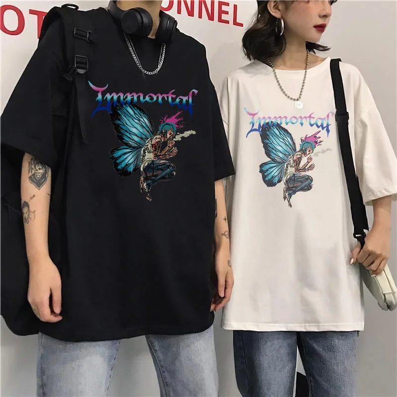 

Butterfly Skeleton Oversized T Shirt Men Graffiti Punk Printed Goth Tees 100% Cotton Hip Hop 2022 Summer Streetwear Women Unisex