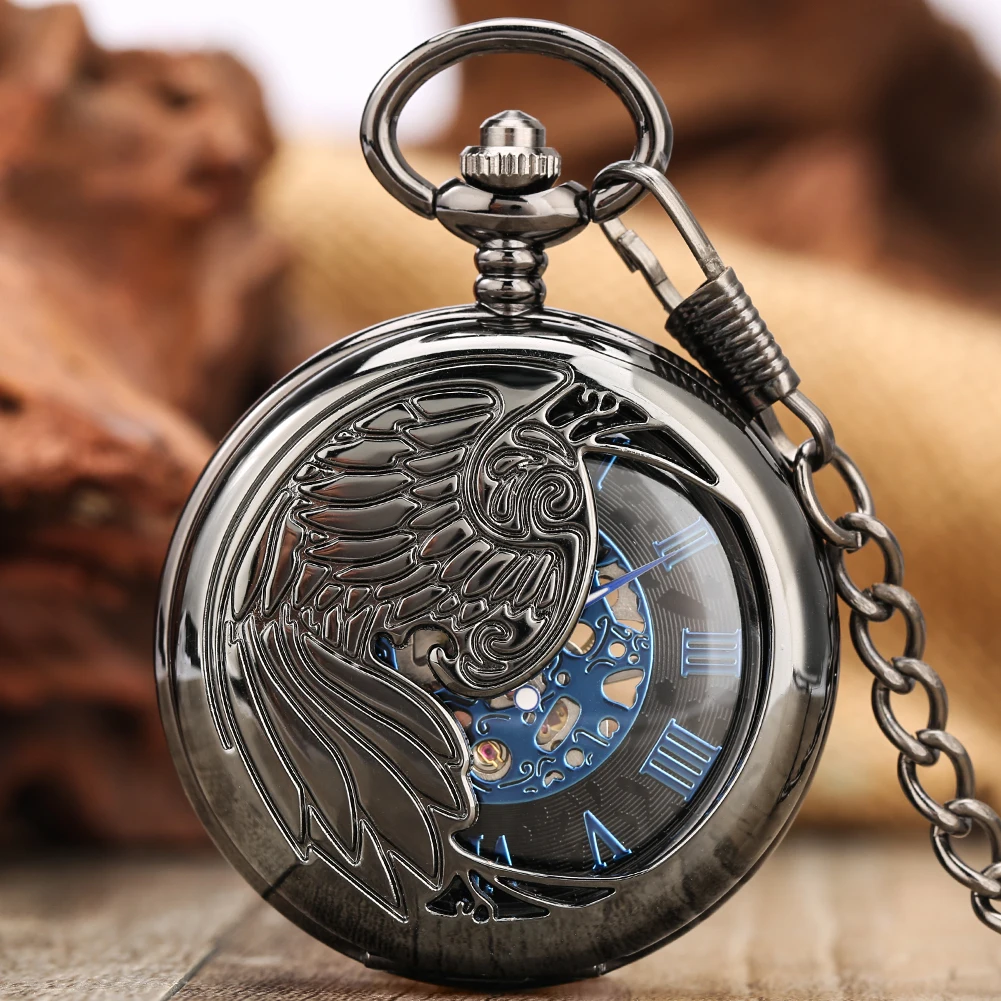 Black Half Wing Royal Blue Roman Numerals Display Dial Hand Winding Mechanical Pocket Watch Vintage Fob Chain Pendant Man Clock