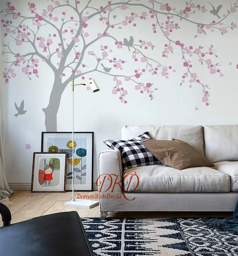 

Cherry Blossoms Tree Wall Decal for Nursery girls room, Neutral decoration, tree decal nursery wall art-Tree with birds, Deer-DK