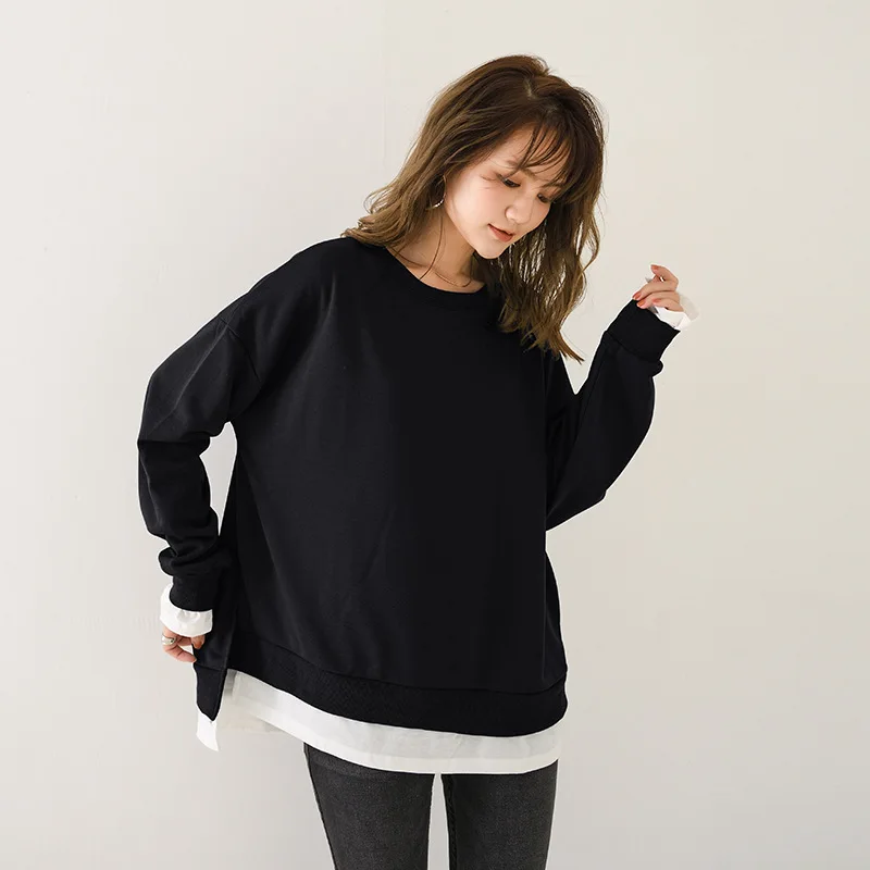 

New T-shirt round neck loose long-sleeved sweater women Black
