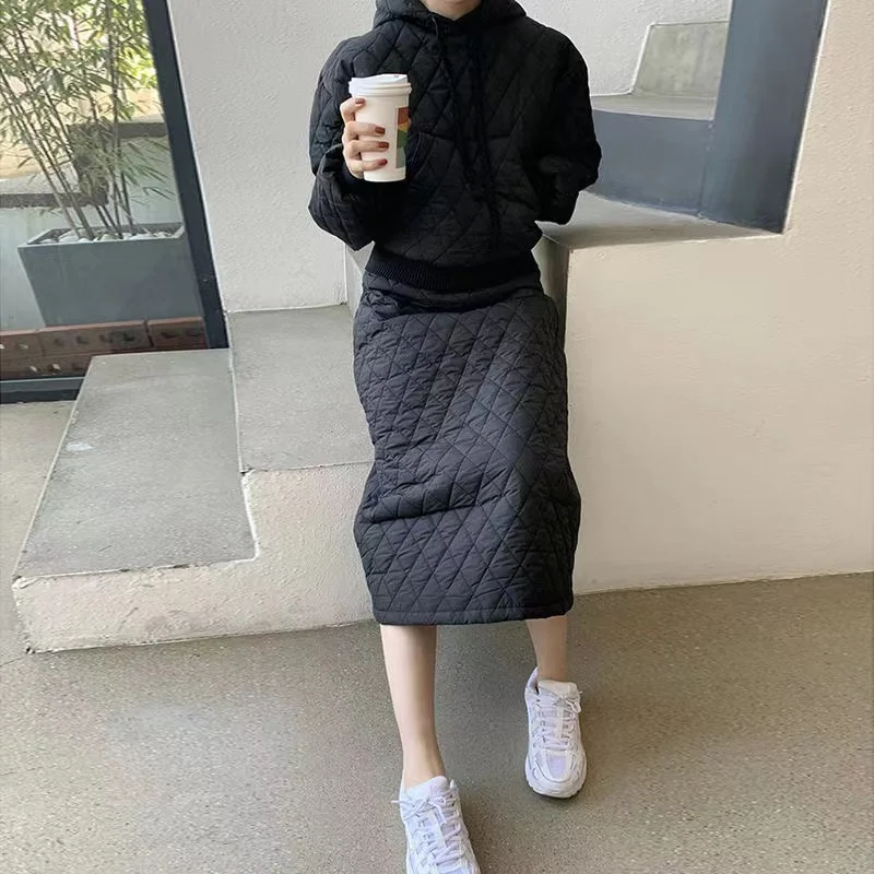 Autumn and Winter Fashion Lingge Hooded Cotton Dress Suit A-line Skirt Warm Top Two-piece Set