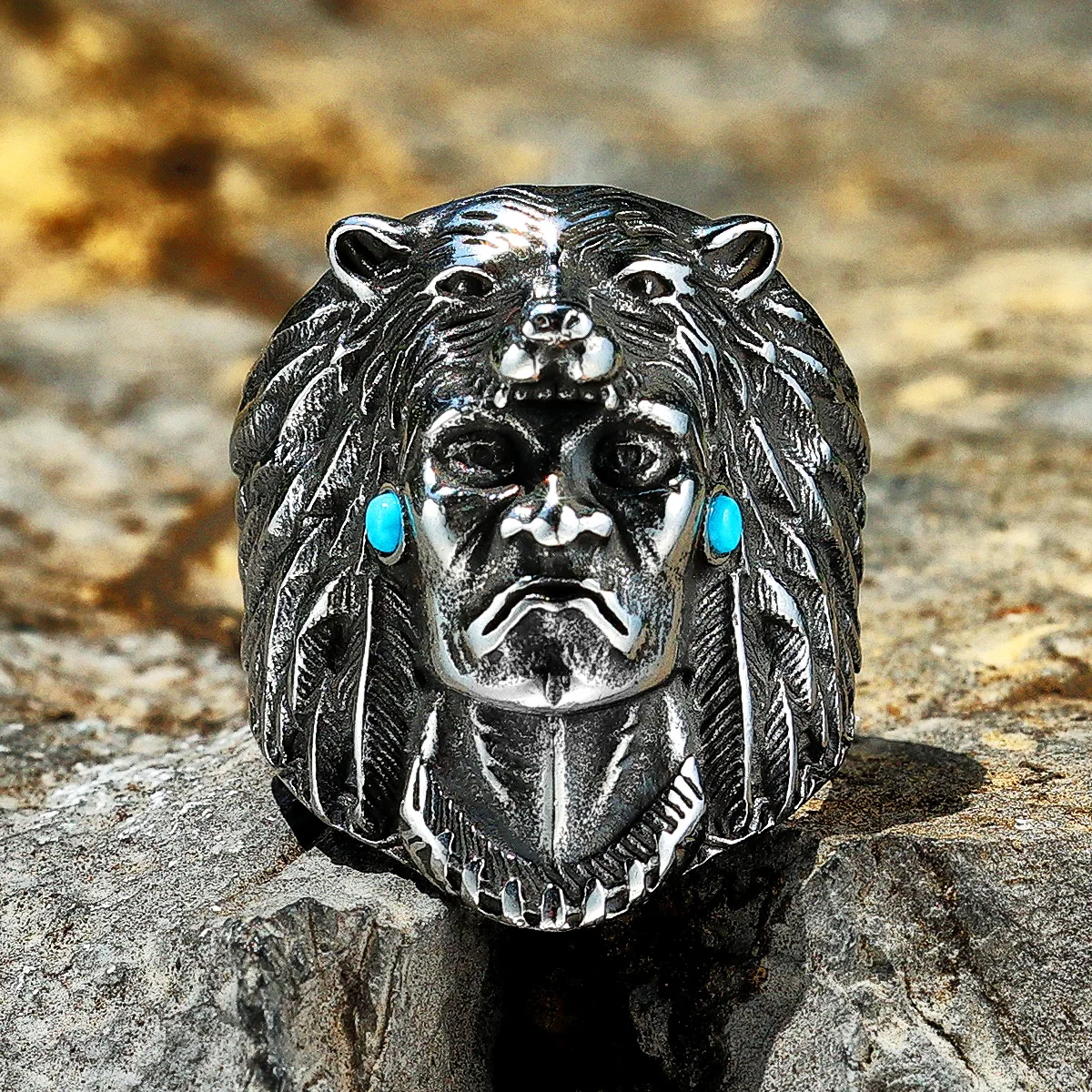 Stainless Steel Men Rings Wolf Indian Chief Punk Vintage for Women Biker Fashion Jewelry Halloween Creativity Gift Wholesale