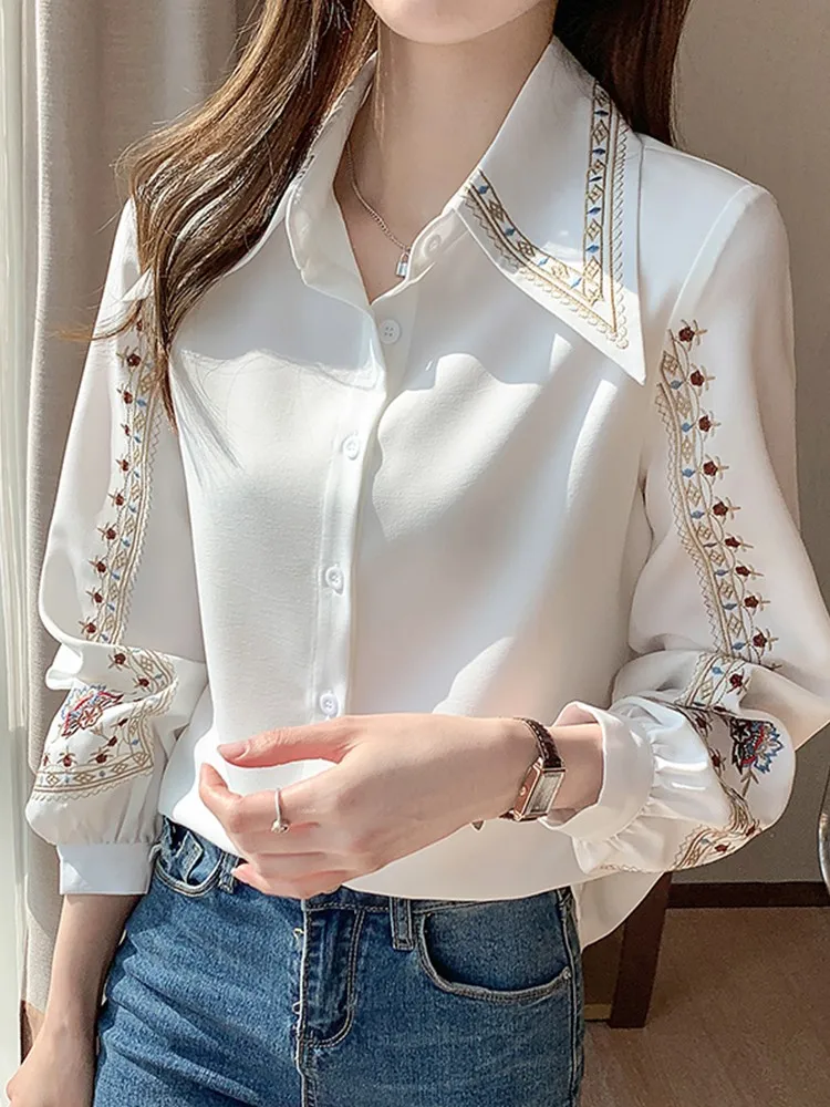Embroidered Women Shirt High Quality Female Elegant Blouses Ladies Work Wear Shirts White Beige Floral Clothings Chiffon Tops
