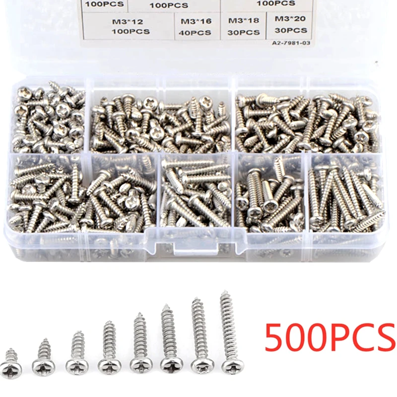 

500pcs M3 stainless steel 304 Cross Pan Head Self Tapping Screw Combination Set Phillips Round Head Screw Kit