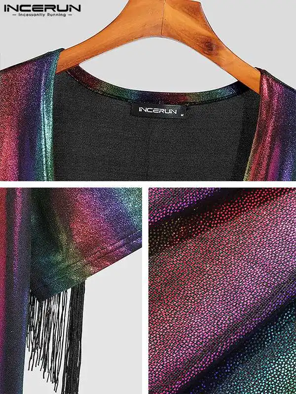 Casual Well Fitting Men Shining Tops INCERUN Handsome Back Tassel Blouse Stitching Bright Color Mid-sleeve Cardigan Shirts S-5XL