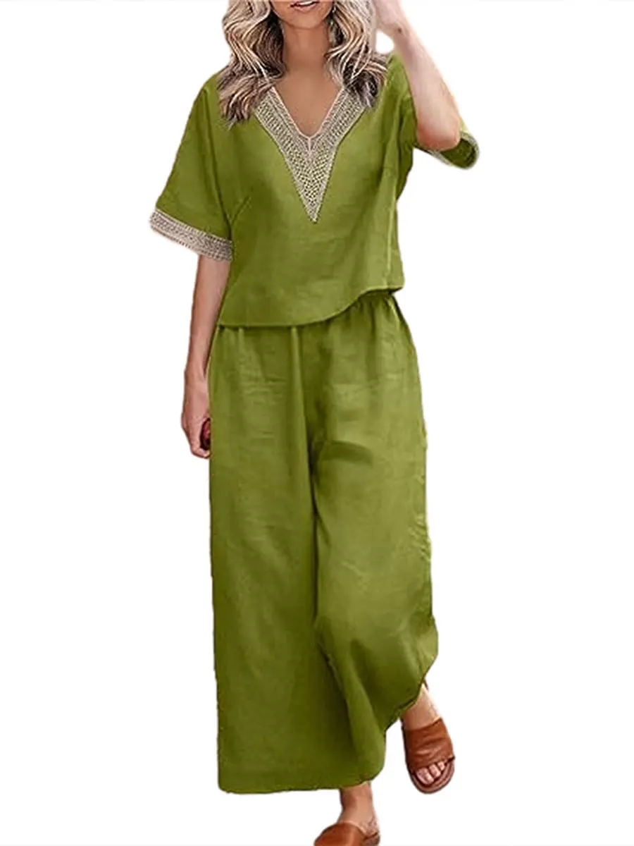 

Women s Boho Casual Pants Set Patchowork Short Sleeve V Neck Tops and Loose Fit Pants Outfits Summer 2 Piece Loungewear