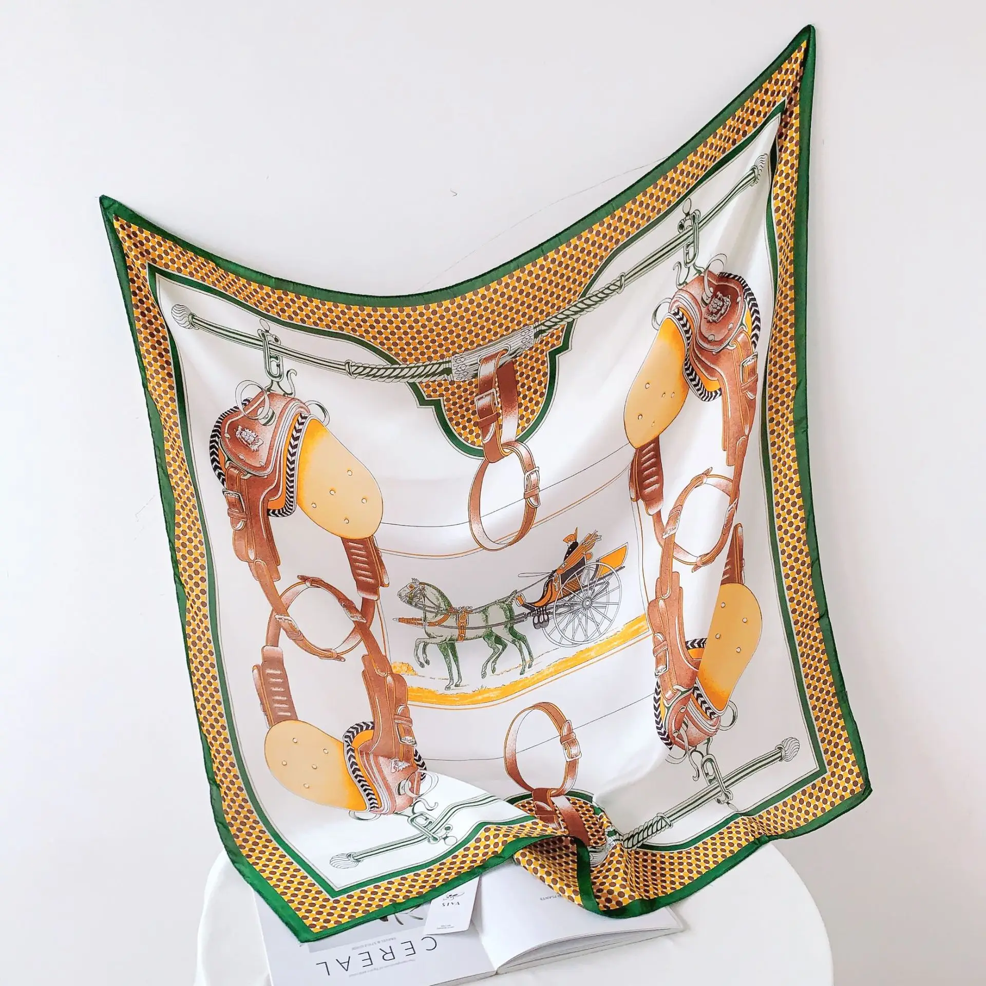 

Saddle Print Twill Silk Scarves Wraps Women Square Shawl Brand Hijab Bandana Handmade Curled Head Scarf Neckerchief 90CM