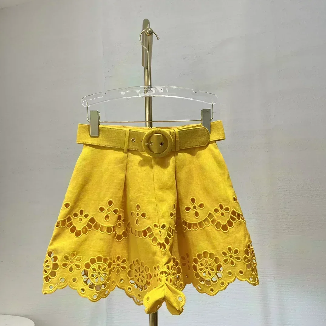 Чистый лен желтый 2024 высококачественная свободная блузка с цветочной вышивкой и