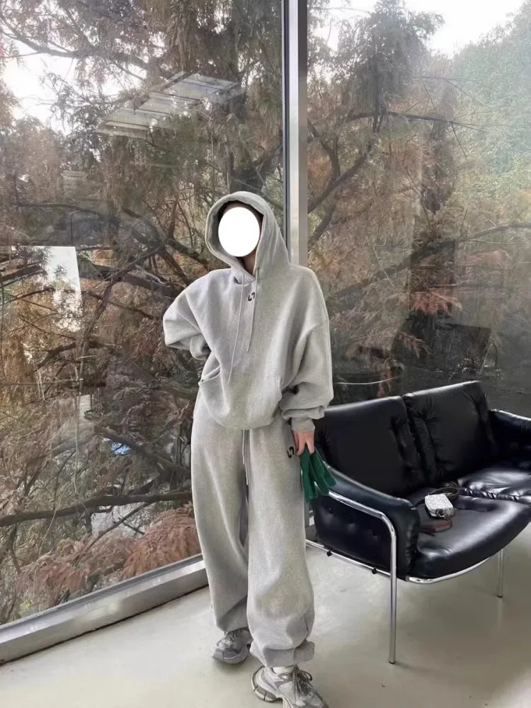 Серый спортивный комплект Женский весенне-осенний СВОБОДНЫЙ Модный свитшот с