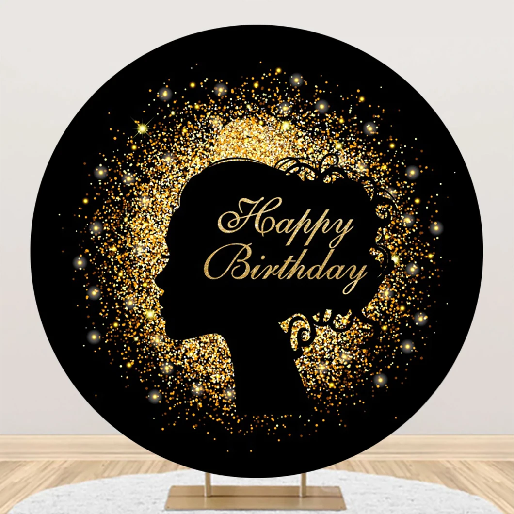 

Laeacco Glitter Gold and Black Birthday Round Backdrop Women Girls Bday Party Decor Portrait Customized Photography Background