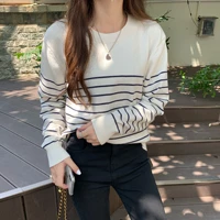 spring autumn fashion woman casual pullover womens slim tees bottom knitted top soft solid stripes gentle commute temperament
