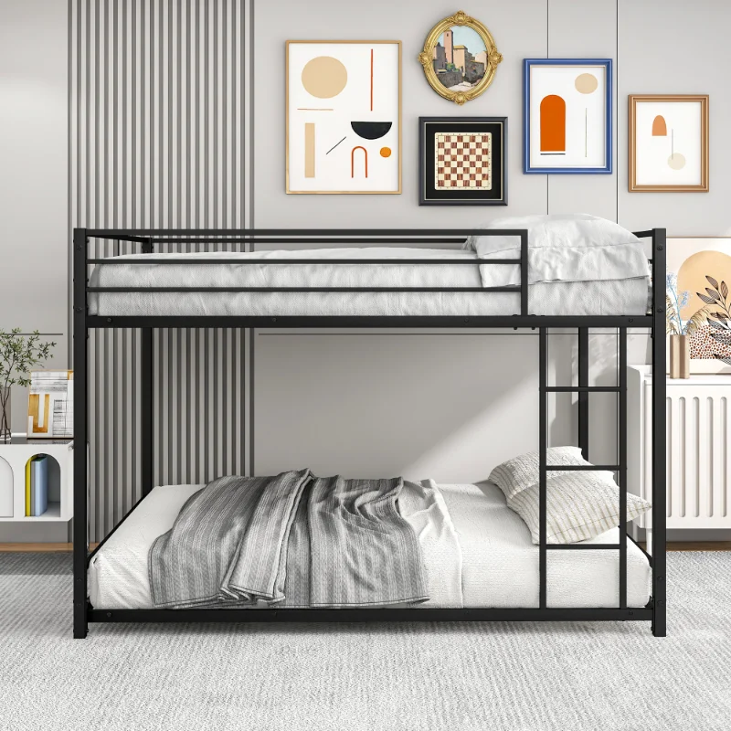 

[Flash Deal} Metal Bunk Bed Full-Over-Full Low Bunk Bed with Metal Frame and Ladder No Box Spring Needed Black [US Stock]