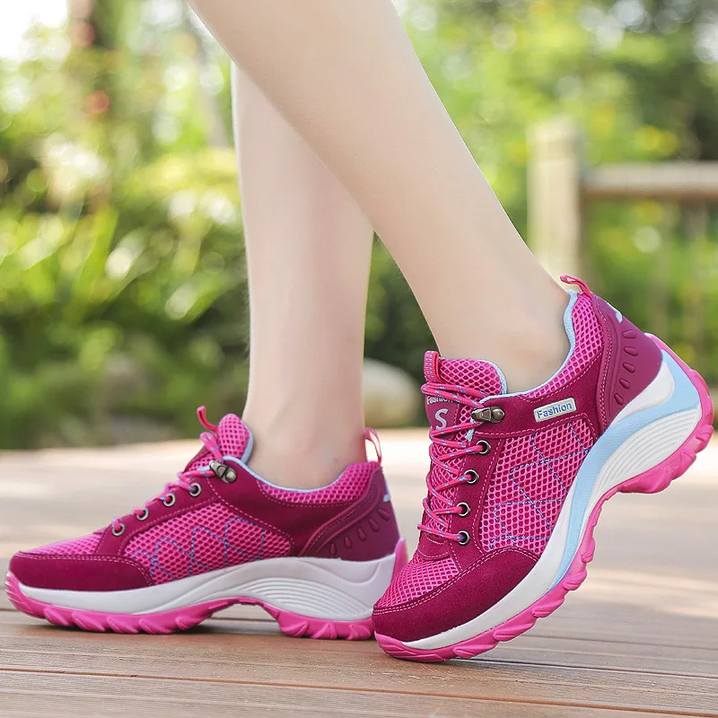 Women  Hiking Shoes Breathable Height Increasing Lace-up Climbing Sneakers Outdoor Trekking Shoes
