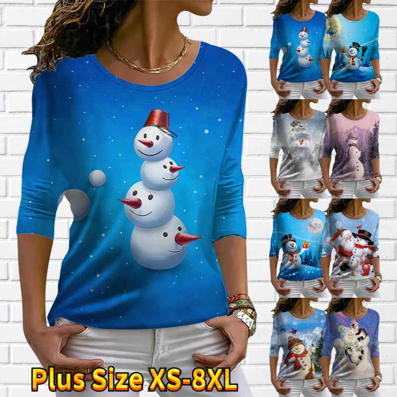 

Women's T Shirt Tee Christmas Cartoon Snowman Sparkly Sweatshirt Long Sleeve Round Neck Casual Sports Streetwear Print XS-8XL