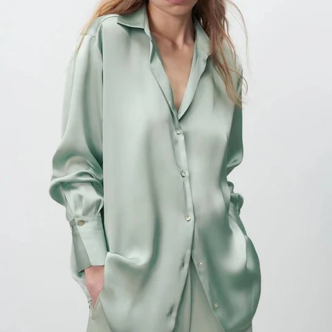 Women Lapel Solid Elegant Satin Shirt Blouses 2023 Vintage Long Sleeve Loose Button Up Female Single Breasted Shirts Tops 21123