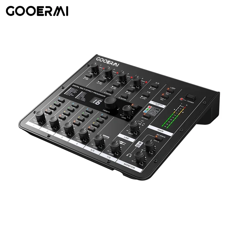 Фото MIXX8 Gooermi Профессиональный 8-канальный аудиомикшер USB, DJ-пульт, караоке, с шумоподавлением для прямых трансляций, сцены и конференций №4
