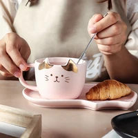 cute cat ceramics coffee mug set handgrip animal tumbler with tray creative drinkware coffee tea cups novelty milk container