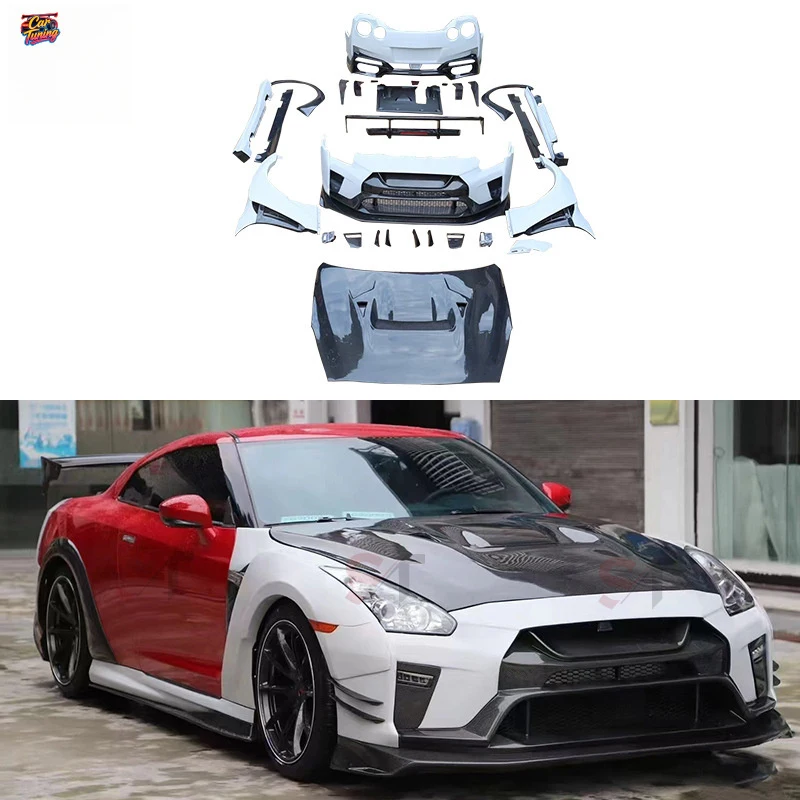 Фото Подходит для Nissan GTR R35: полукарбоновый обвес, капот из карбона, бампер из стекловолокна, задний спойлер, задний диффузор и брызговики. №1