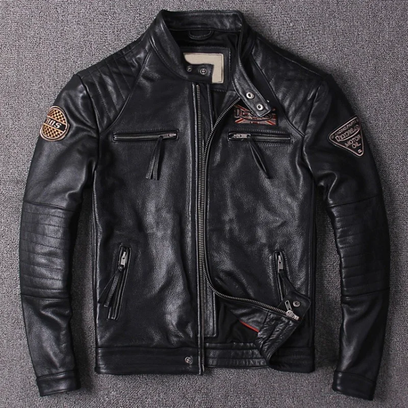 

Men Genuine Leather Cowhide Jacket Coat Autumn Fashion Casual Motorcycle Embroidery Stand Collar Short Coat Men Special Offer