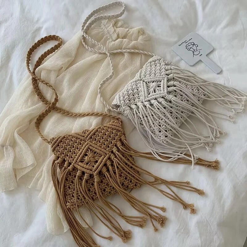 Fashionable Flap Woven One Shoulder Crossbody Bag long Tassel small square bag Summer Zipper Beach Bag