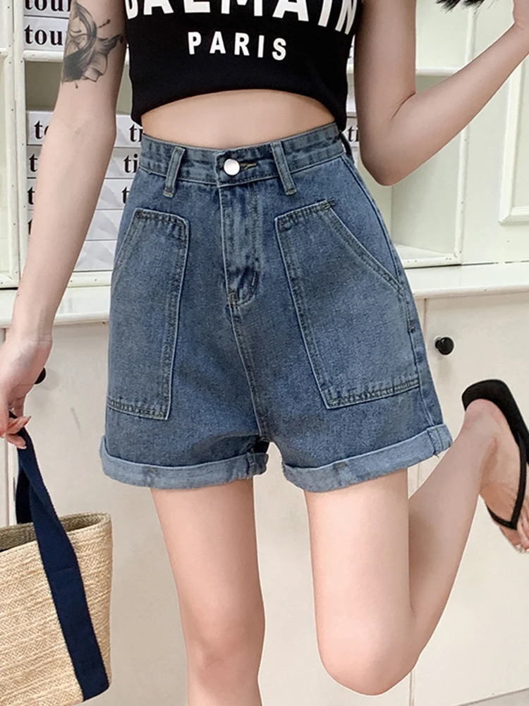 New Spring Summer Women High Waist Big Pocket Streetwear Female Wide Leg Button Retro Jeans Shorts Ladies Bottoms