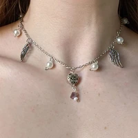 wing chain charm necklace heart choker bead pearl heart necklace silver boho beaded necklaces for women 2021 jewelry