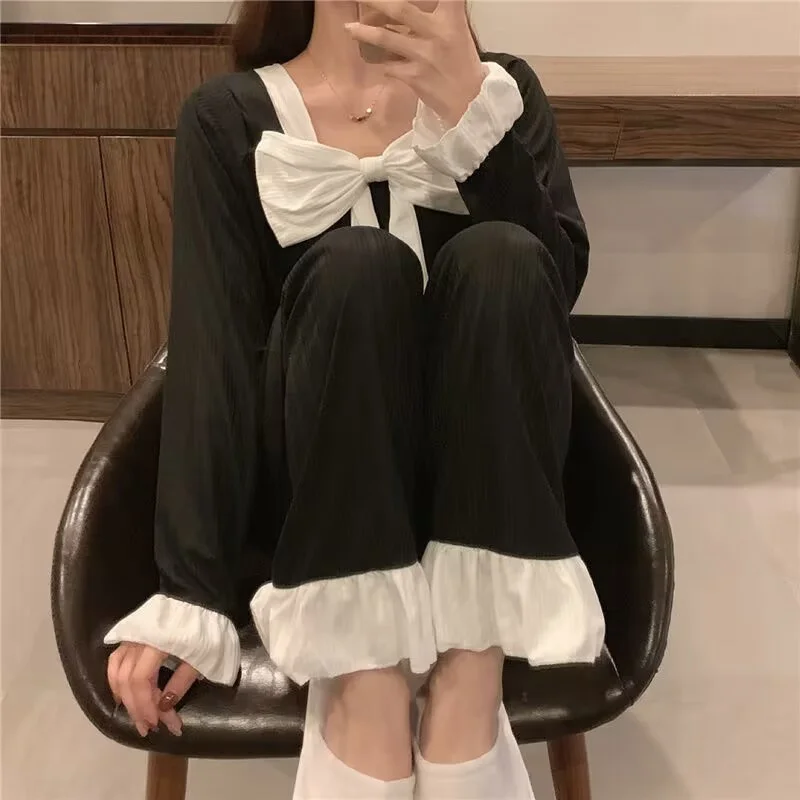 Sexy Bow Princess Pajamas Set Full-Sleeve T-shirt Long Pants 2Piece/Set Pyjama Big Size Homewear Cozy Plus Sleepwear