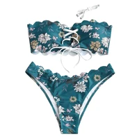rippled laced up bandeau bikini sets detachable straps push up brazilian bikini high leg low waist thong swimsuit women swimwear