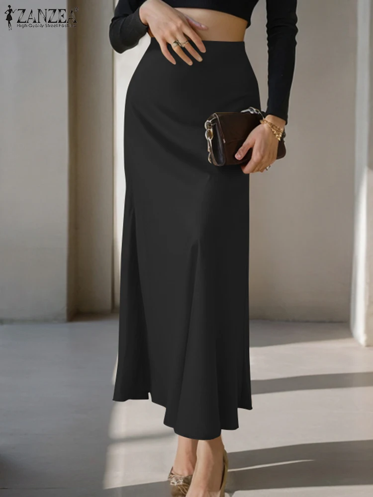 ZANZEA 2024 Elegant Women High Waist Satin Mid-calf Skirts Autumn Fashion Solid Party Office Faldas Saia Casual OL Work Skirt